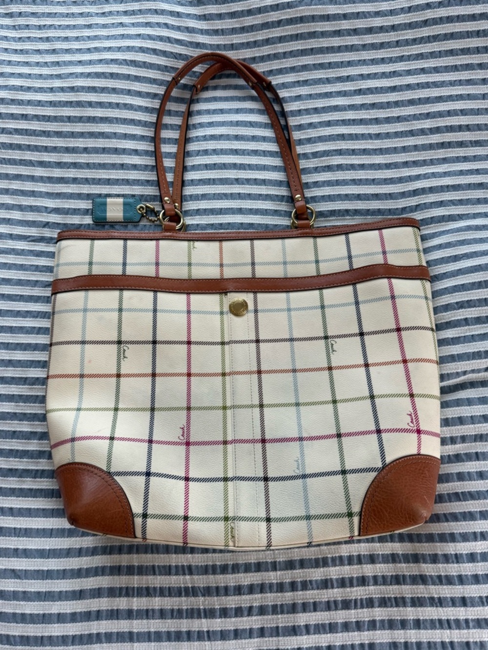 2008 Coach Heritage Cream Plaid Tote with Teal Center Stripe and Brown Trim - Picture 2 of 9